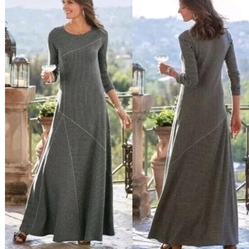 Soft Surroundings Gray Striped Knit Maxi Dress Long Sleeve Coastal Cottagecore L